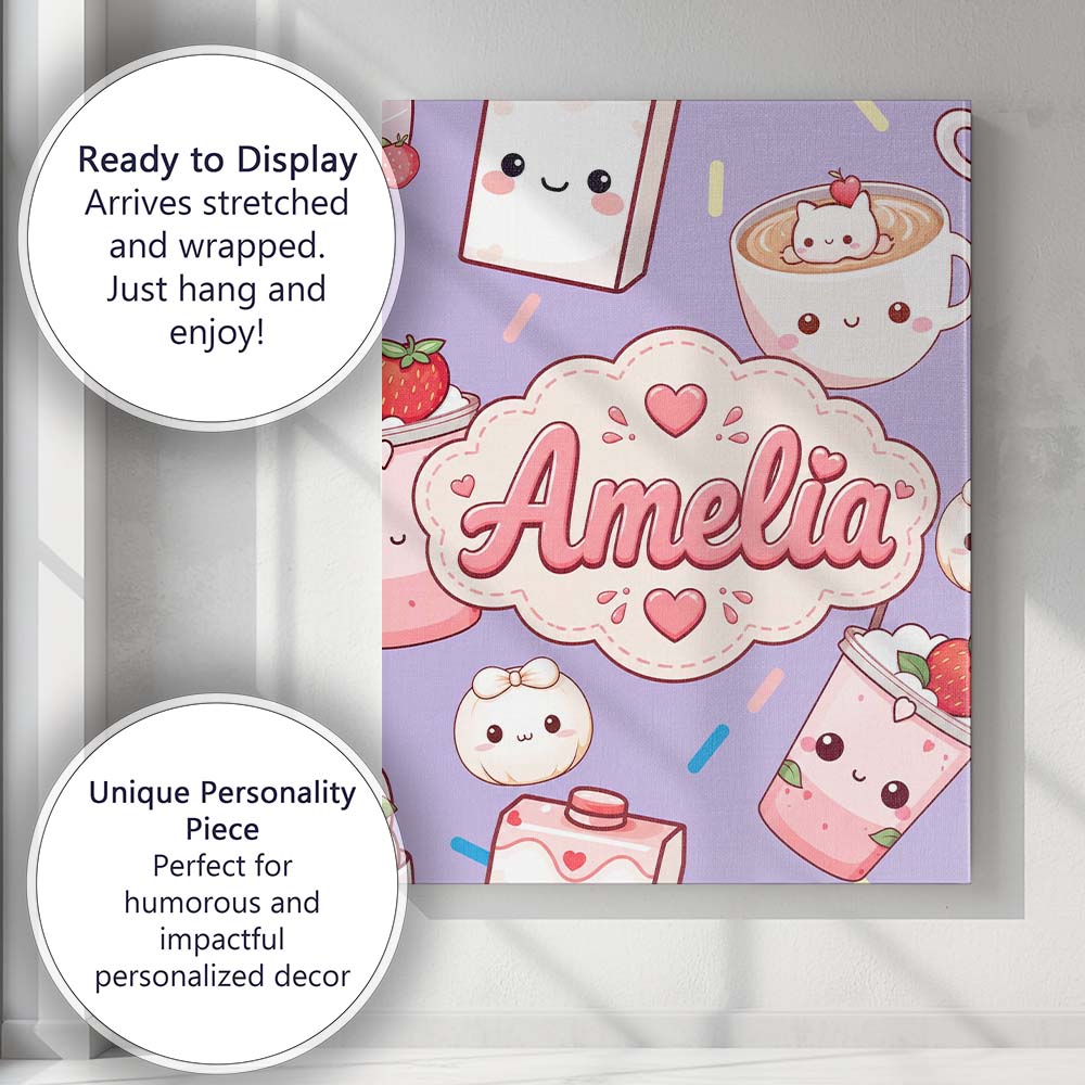 Personalised Name Kawaii Strawberry Drinks Custom  Unique Gift Idea Elegant Feature Canvas Wall Art Print Decor Picture Ready to Hang