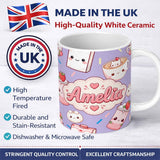 Personalized Custom Name Kawaii Strawberry Drinks and Cat Cups on Purple Seamless Pattern 11oz Ceramic Coffee Tea Mug White Large Handle