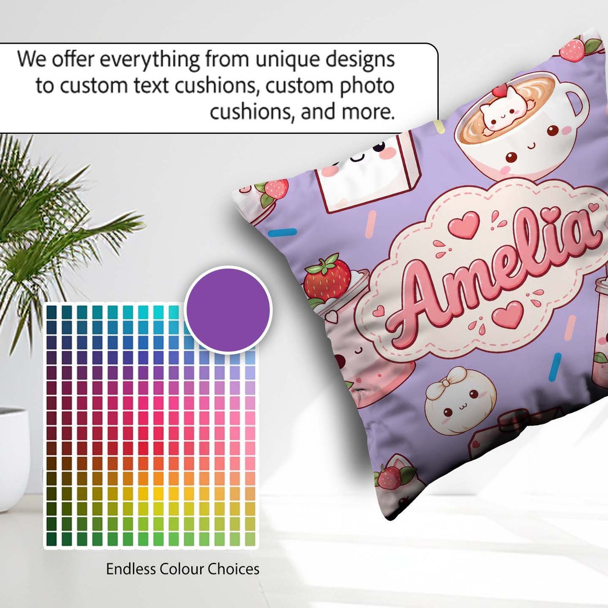 Custom Name Kawaii Strawberry Drinks and Cups on Purple Seamless Square Filled Cushion Throw Pillow Sofa Bed Home Decor Zip Washable UK Made