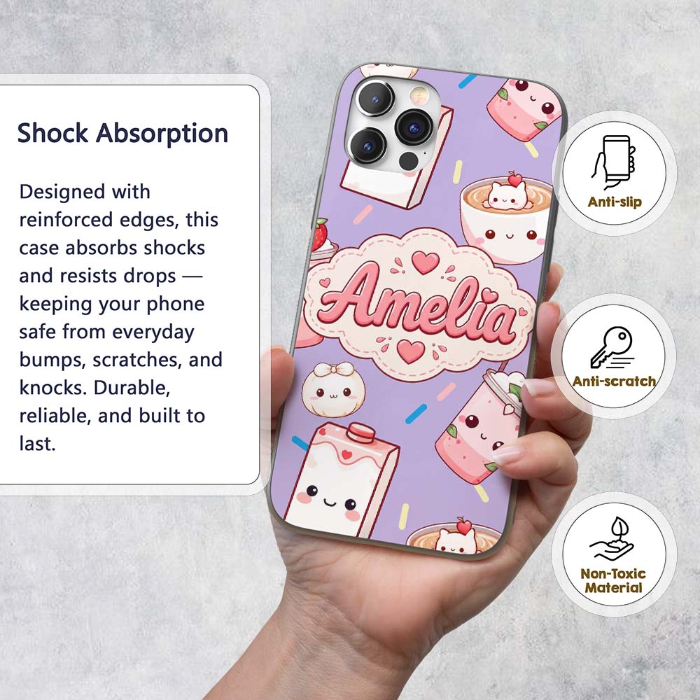 Kawaii Strawberry Drinks and Cat Cups on Purple Custom Name Protective Phone Case Mobile Cover Durable Everyday Smartphone Shock Resistant