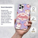 Kawaii Strawberry Drinks and Cat Cups on Purple Custom Name Protective Phone Case Mobile Cover Durable Everyday Smartphone Shock Resistant