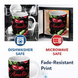 Personalized Custom Name Watercolor Cherry Fruit Dark Artistic Splash Seamless Pattern Lovely 11oz Ceramic Coffee Tea Mug White Large Handle