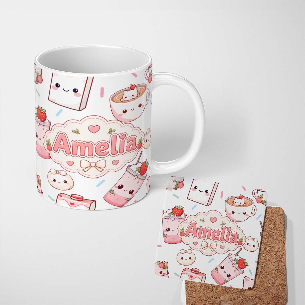Personalized Custom Name Cute Kawaii Strawberry Drinks and Cat Cups on White Background 11oz Ceramic Coffee Tea Mug White Large Handle