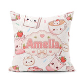 Custom Name Cute Kawaii Strawberry Drinks and Cat Cups on White Square Filled Cushion Throw Pillow Sofa Bed Home Decor Zip Washable UK Made
