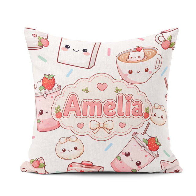 Custom Name Cute Kawaii Strawberry Drinks and Cat Cups on White Square Filled Cushion Throw Pillow Sofa Bed Home Decor Zip Washable UK Made