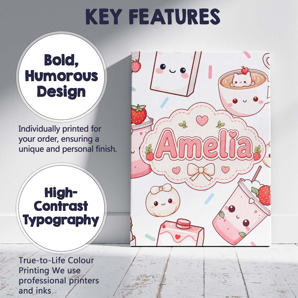 Personalised Name Cute Kawaii Strawberry Custom  Unique Gift Idea Elegant Feature Canvas Wall Art Print Decor Picture Ready to Hang