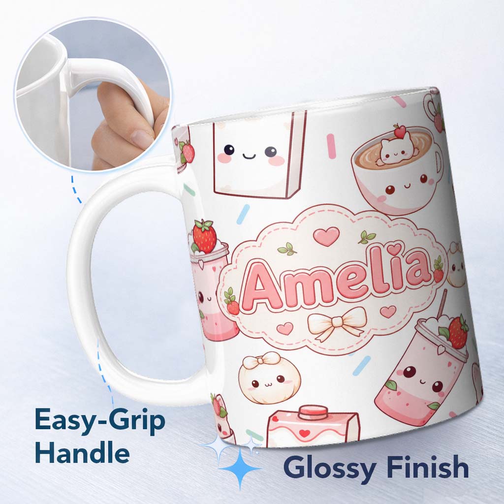 Personalized Custom Name Cute Kawaii Strawberry Drinks and Cat Cups on White Background 11oz Ceramic Coffee Tea Mug White Large Handle