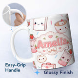 Personalized Custom Name Cute Kawaii Strawberry Drinks and Cat Cups on White Background 11oz Ceramic Coffee Tea Mug White Large Handle