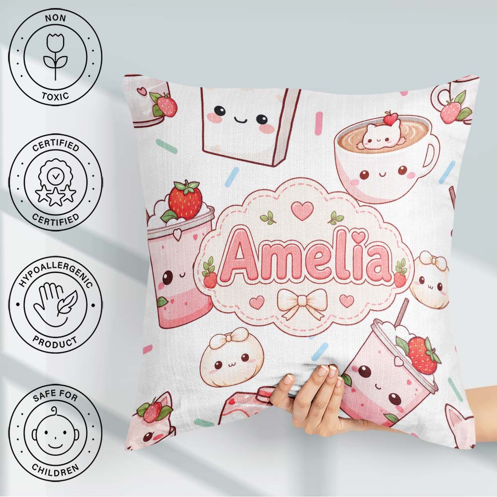 Custom Name Cute Kawaii Strawberry Drinks and Cat Cups on White Square Filled Cushion Throw Pillow Sofa Bed Home Decor Zip Washable UK Made