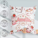 Custom Name Cute Kawaii Strawberry Drinks and Cat Cups on White Square Filled Cushion Throw Pillow Sofa Bed Home Decor Zip Washable UK Made