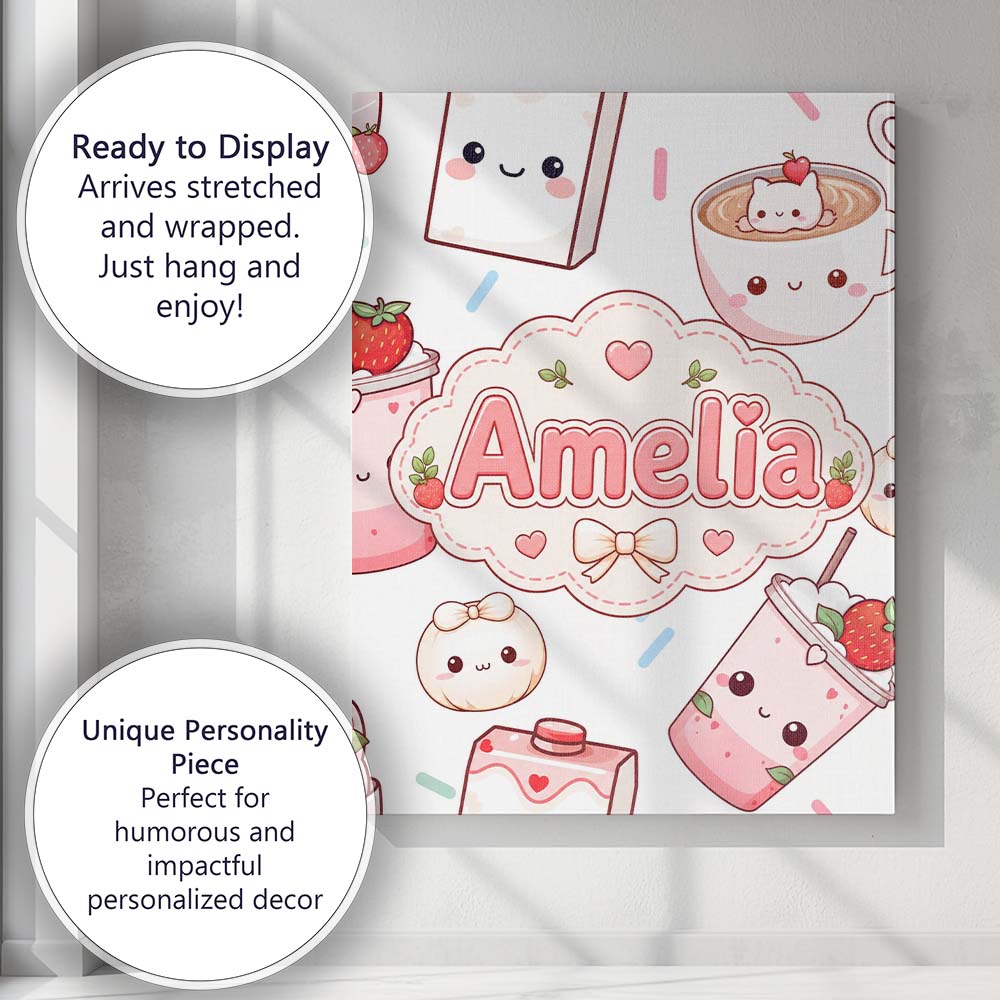 Personalised Name Cute Kawaii Strawberry Custom  Unique Gift Idea Elegant Feature Canvas Wall Art Print Decor Picture Ready to Hang