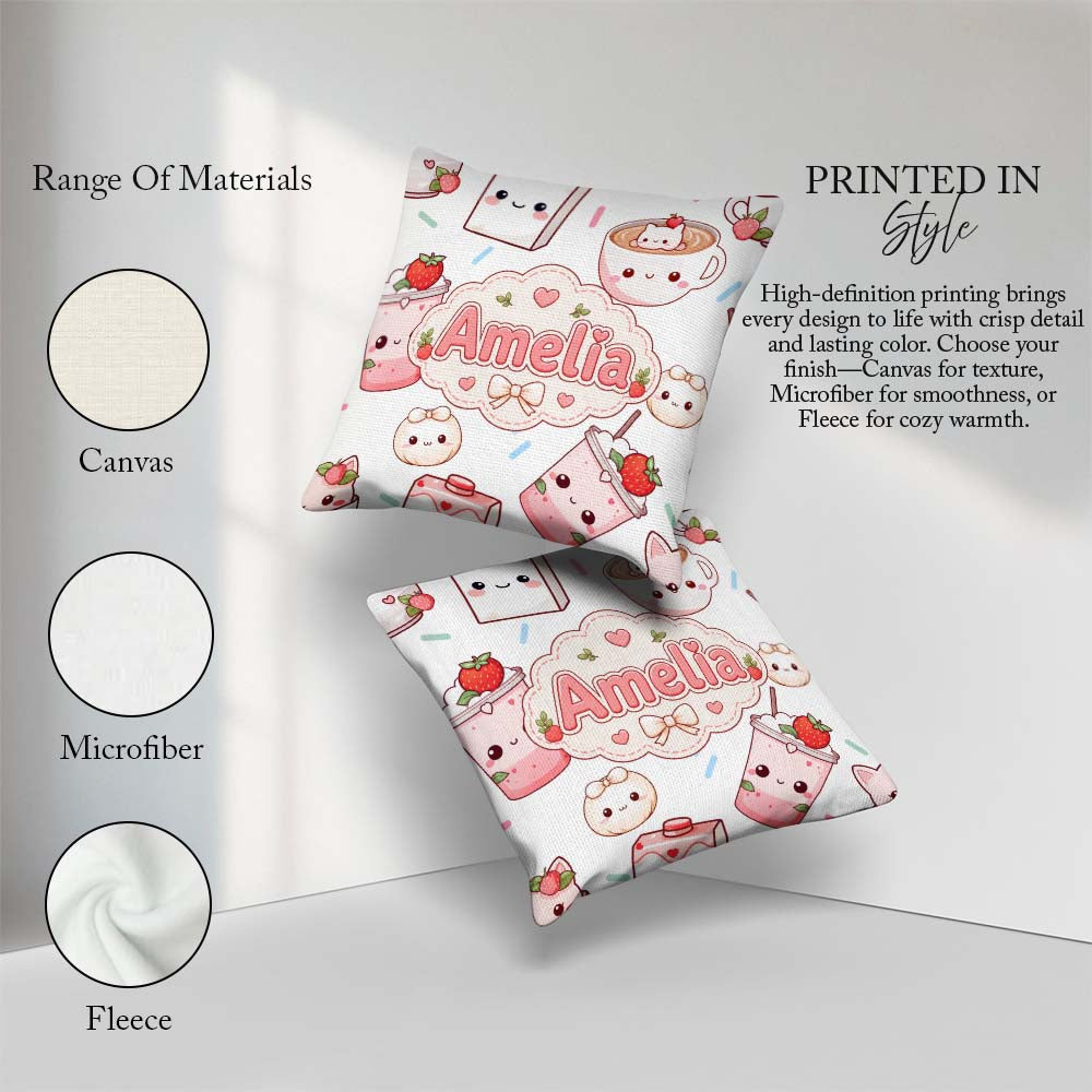 Custom Name Cute Kawaii Strawberry Drinks and Cat Cups on White Square Filled Cushion Throw Pillow Sofa Bed Home Decor Zip Washable UK Made
