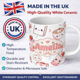 Personalized Custom Name Cute Kawaii Strawberry Drinks and Cat Cups on White Background 11oz Ceramic Coffee Tea Mug White Large Handle