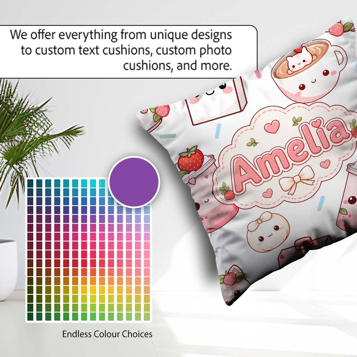 Custom Name Cute Kawaii Strawberry Drinks and Cat Cups on White Square Filled Cushion Throw Pillow Sofa Bed Home Decor Zip Washable UK Made