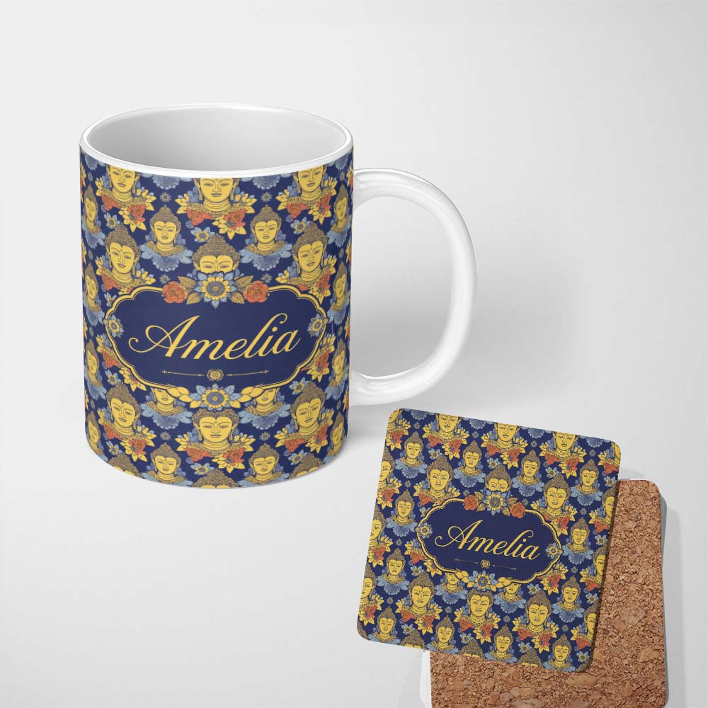 Personalized Custom Name Golden Buddha Faces with Floral Elements Seamless Pattern Lovely 11oz Ceramic Coffee Tea Mug White Large Handle