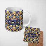 Personalized Custom Name Golden Buddha Faces with Floral Elements Seamless Pattern Lovely 11oz Ceramic Coffee Tea Mug White Large Handle