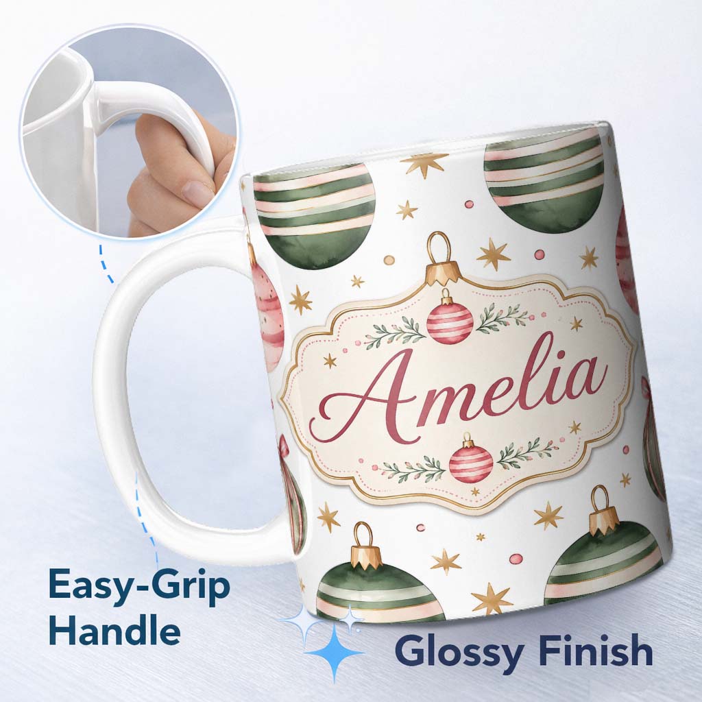 Personalized Custom Name Minimal Red Green Baubles Stars Elegant Seamless Pattern Lovely 11oz Ceramic Coffee Tea Mug White Large Handle
