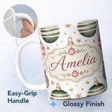 Personalized Custom Name Minimal Red Green Baubles Stars Elegant Seamless Pattern Lovely 11oz Ceramic Coffee Tea Mug White Large Handle