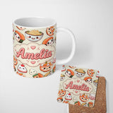 Personalized Custom Name Cute Kawaii Sushi Rice Bowls and Noodles on Cream Background 11oz Ceramic Coffee Tea Mug White Large Handle