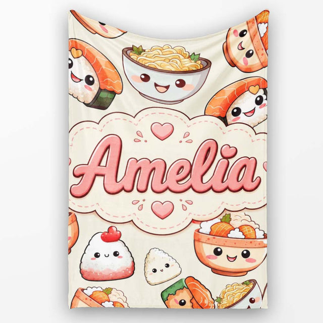 Cute Kawaii Sushi Rice Bowls and Noodles on Cream Background  Personalised Custom Name Super Soft Fleece Blanket Bed Sofa Throw