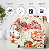 Cute Kawaii Sushi Rice Bowls and Noodles on Cream Background  Personalised Custom Name Super Soft Fleece Blanket Bed Sofa Throw