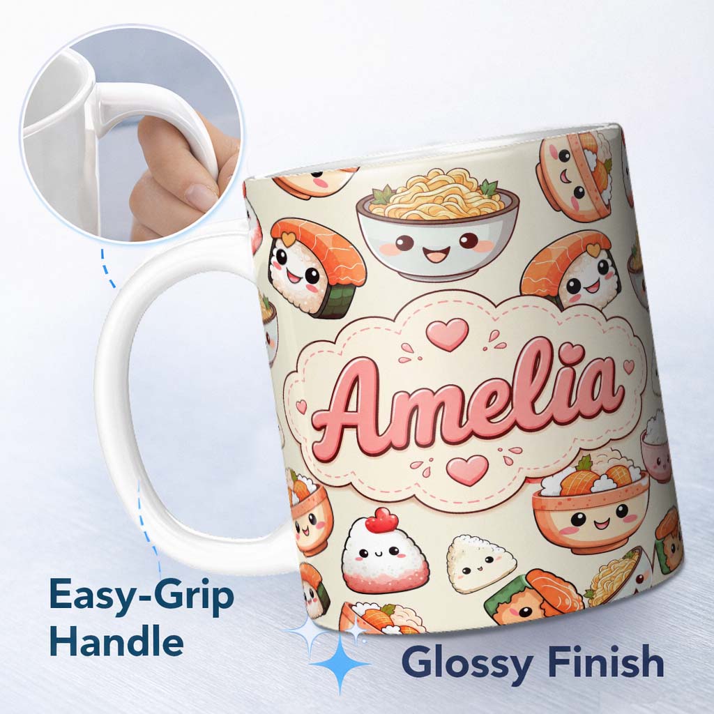 Personalized Custom Name Cute Kawaii Sushi Rice Bowls and Noodles on Cream Background 11oz Ceramic Coffee Tea Mug White Large Handle