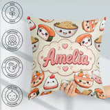 Custom Name Cute Kawaii Sushi Rice Bowls and on Cream Background Square Filled Cushion Throw Pillow Sofa Bed Home Decor Zip Washable UK Made