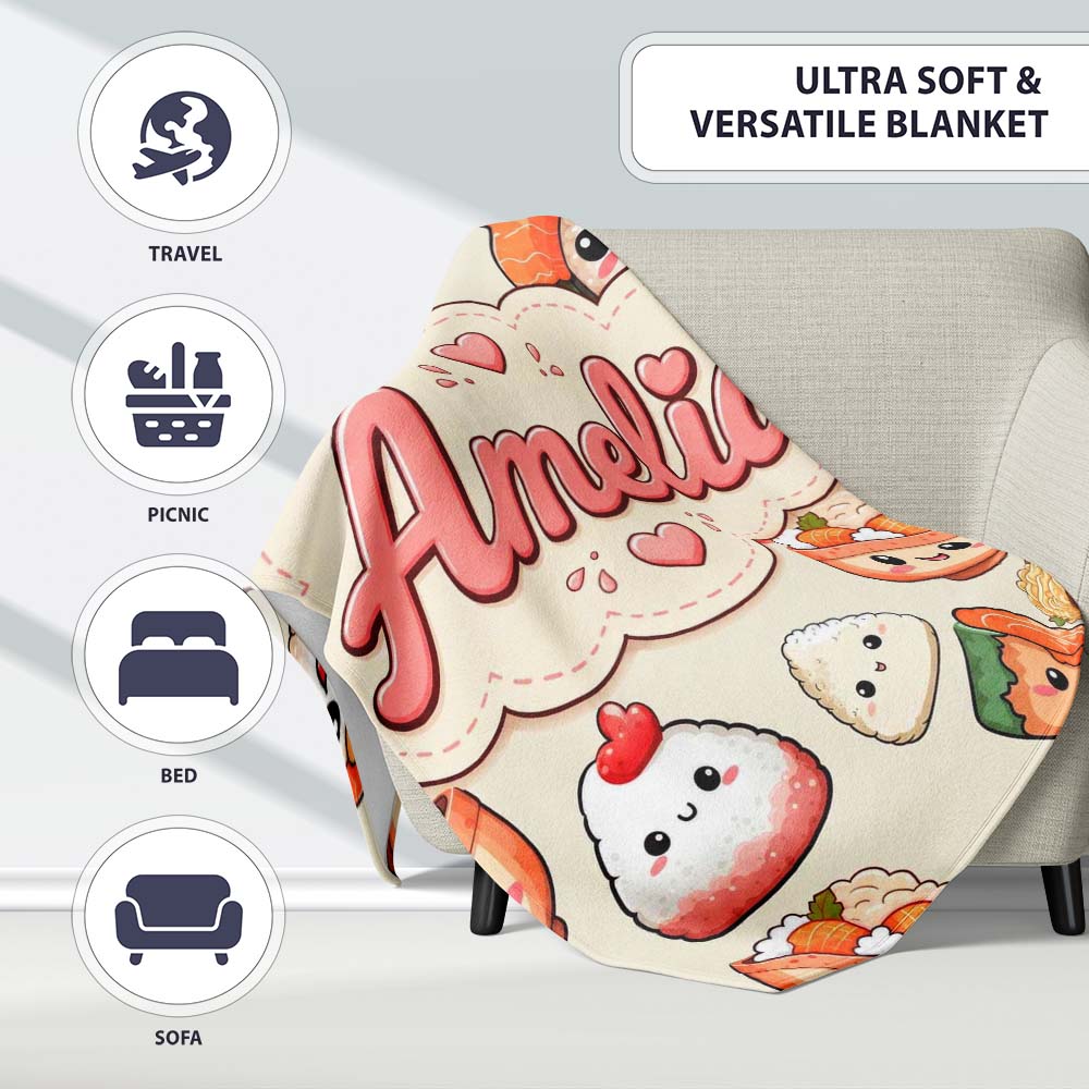 Cute Kawaii Sushi Rice Bowls and Noodles on Cream Background  Personalised Custom Name Super Soft Fleece Blanket Bed Sofa Throw