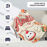Cute Kawaii Sushi Rice Bowls and Noodles on Cream Background  Personalised Custom Name Super Soft Fleece Blanket Bed Sofa Throw