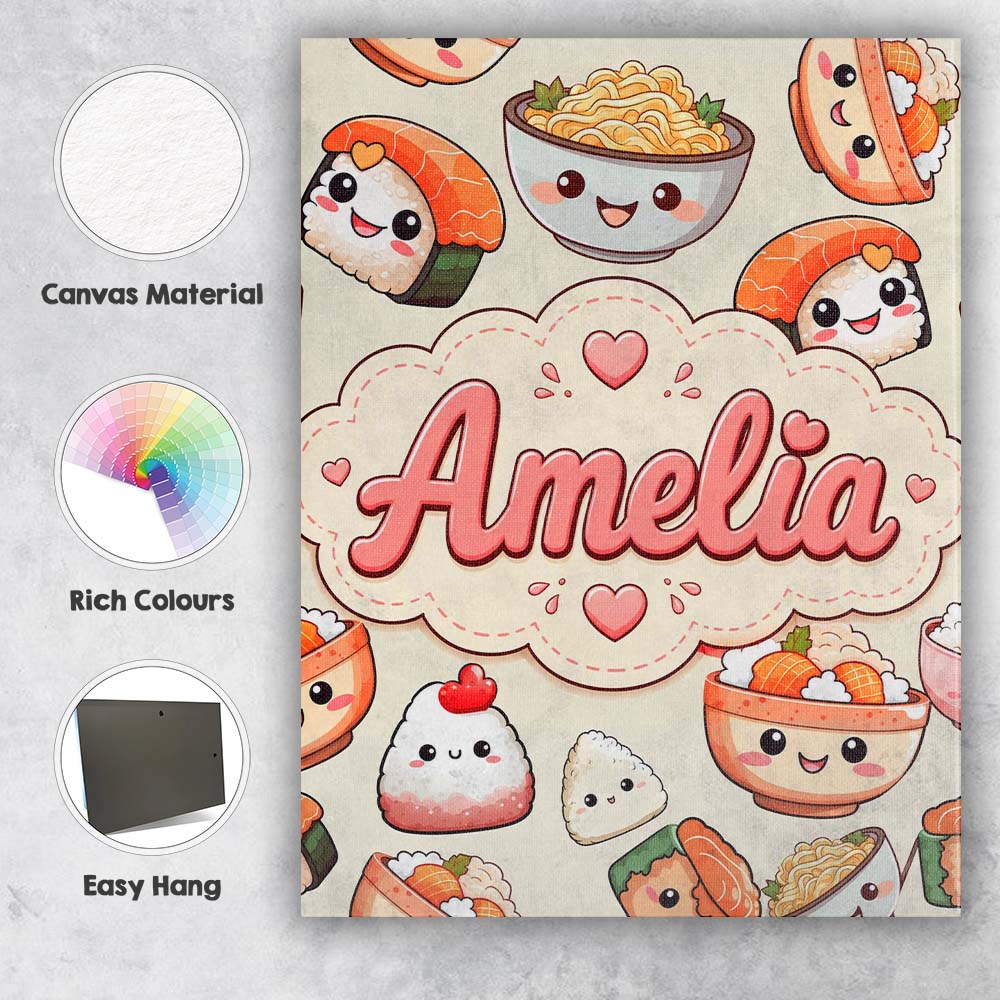 Personalised Name Cute Kawaii Sushi Rice Custom  Unique Gift Idea Elegant Feature Canvas Wall Art Print Decor Picture Ready to Hang
