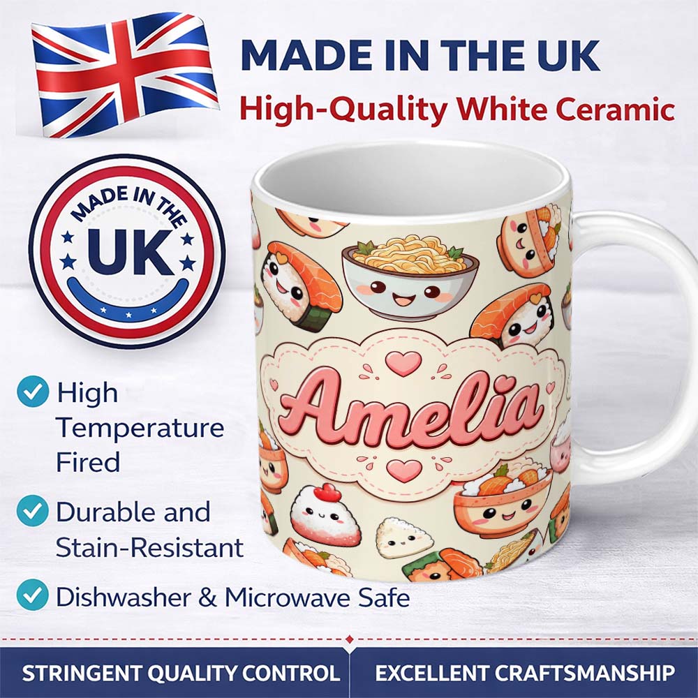 Personalized Custom Name Cute Kawaii Sushi Rice Bowls and Noodles on Cream Background 11oz Ceramic Coffee Tea Mug White Large Handle