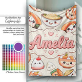 Cute Kawaii Sushi Rice Bowls and Noodles on Cream Background  Personalised Custom Name Super Soft Fleece Blanket Bed Sofa Throw