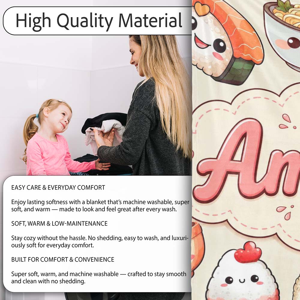 Cute Kawaii Sushi Rice Bowls and Noodles on Cream Background  Personalised Custom Name Super Soft Fleece Blanket Bed Sofa Throw