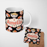 Personalized Custom Name Cute Kawaii Sushi Rice Bowls and Noodles on Black Background 11oz Ceramic Coffee Tea Mug White Large Handle
