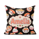Custom Name Cute Kawaii Sushi Rice Bowls and on Black Background Square Filled Cushion Throw Pillow Sofa Bed Home Decor Zip Washable UK Made
