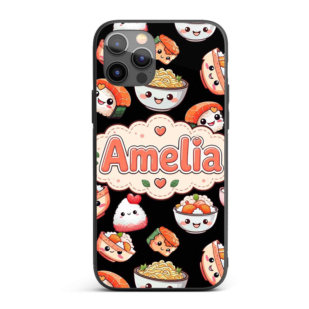 Cute Kawaii Sushi Rice Bowls and Noodles on Black Custom Name Protective Phone Case Mobile Cover Durable Everyday Smartphone Shock Resistant