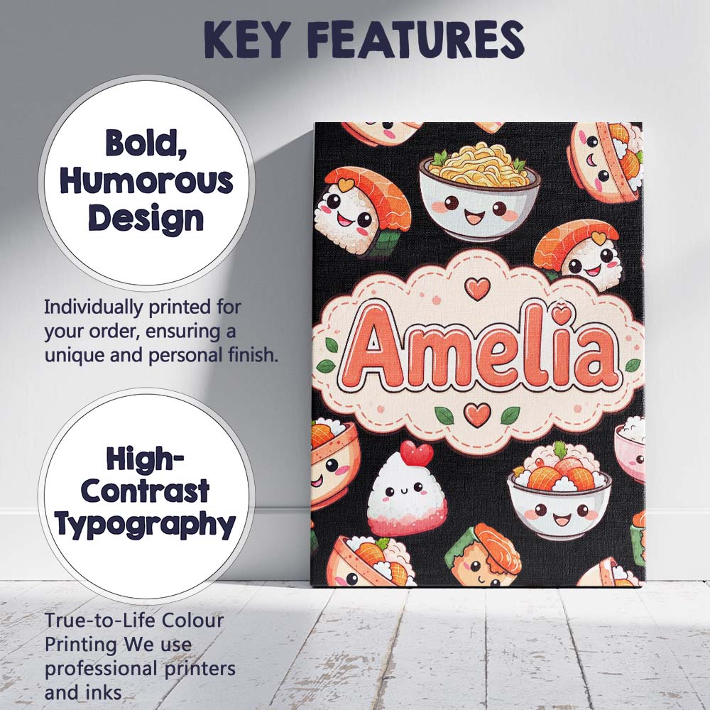 Personalised Name Cute Kawaii Sushi Rice Custom  Unique Gift Idea Elegant Feature Canvas Wall Art Print Decor Picture Ready to Hang