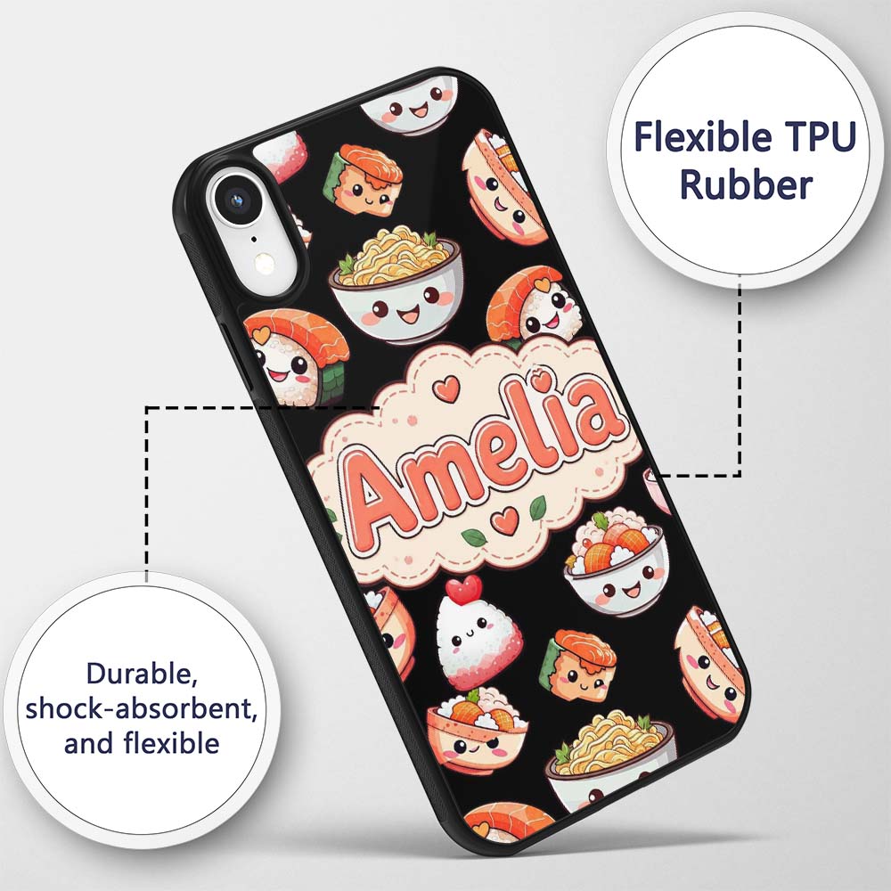 Cute Kawaii Sushi Rice Bowls and Noodles on Black Custom Name Protective Phone Case Mobile Cover Durable Everyday Smartphone Shock Resistant