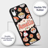 Cute Kawaii Sushi Rice Bowls and Noodles on Black Custom Name Protective Phone Case Mobile Cover Durable Everyday Smartphone Shock Resistant
