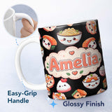 Personalized Custom Name Cute Kawaii Sushi Rice Bowls and Noodles on Black Background 11oz Ceramic Coffee Tea Mug White Large Handle