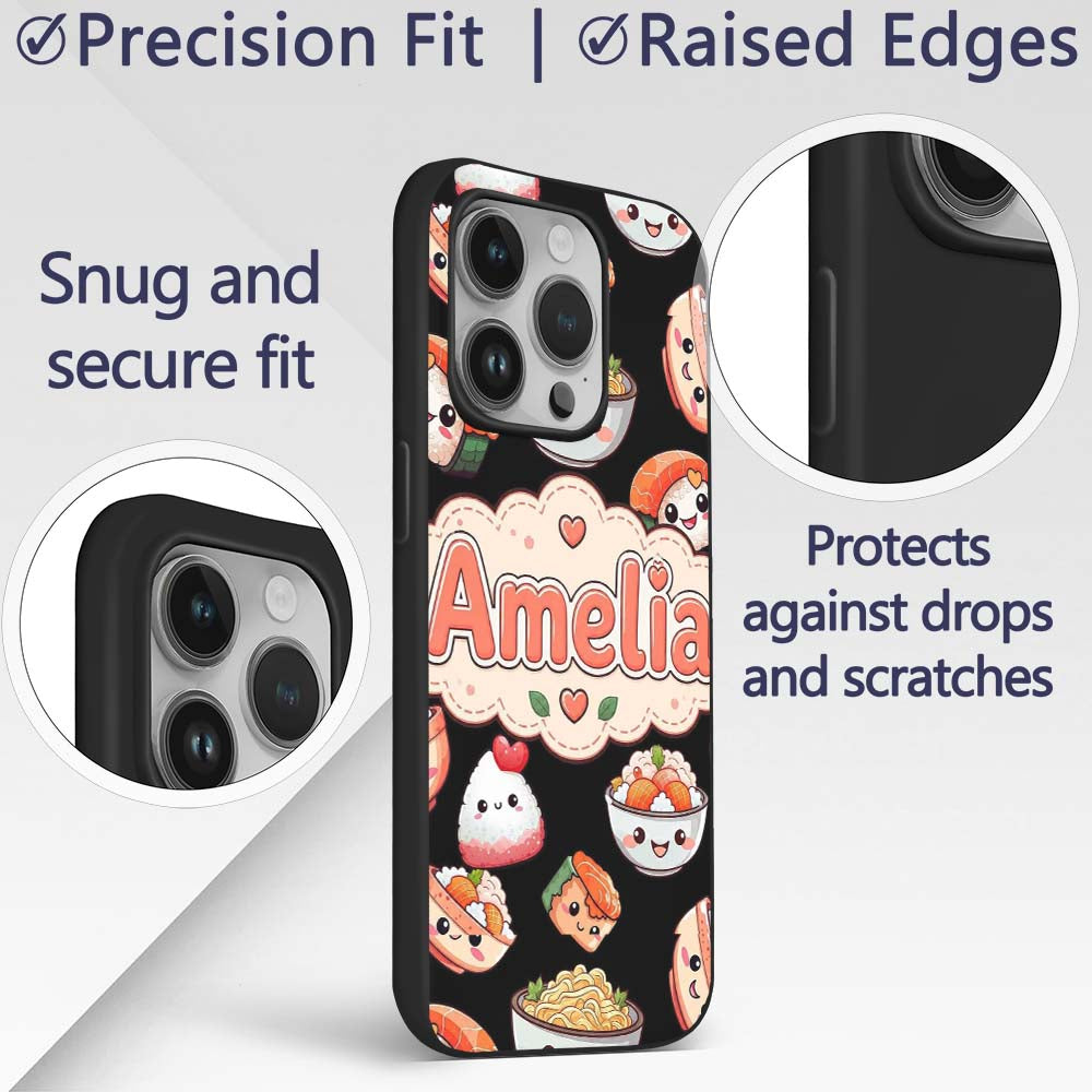 Cute Kawaii Sushi Rice Bowls and Noodles on Black Custom Name Protective Phone Case Mobile Cover Durable Everyday Smartphone Shock Resistant