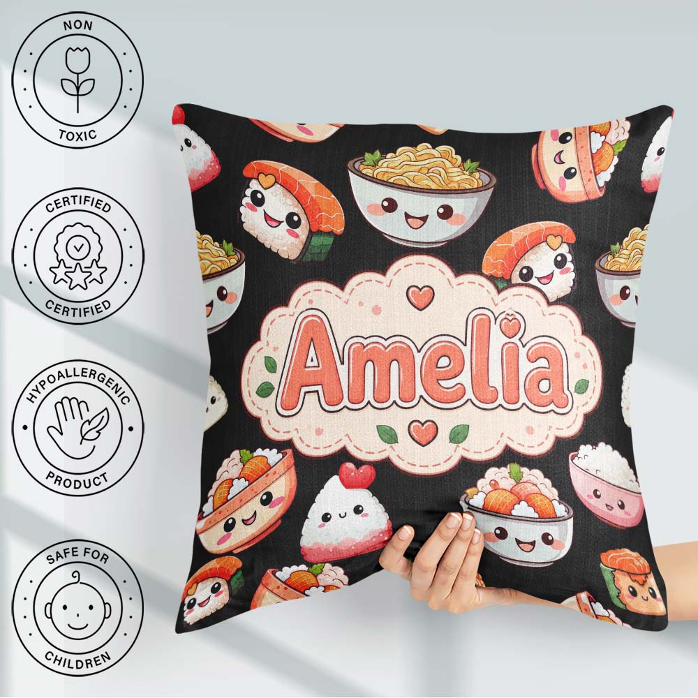 Custom Name Cute Kawaii Sushi Rice Bowls and on Black Background Square Filled Cushion Throw Pillow Sofa Bed Home Decor Zip Washable UK Made