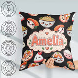 Custom Name Cute Kawaii Sushi Rice Bowls and on Black Background Square Filled Cushion Throw Pillow Sofa Bed Home Decor Zip Washable UK Made