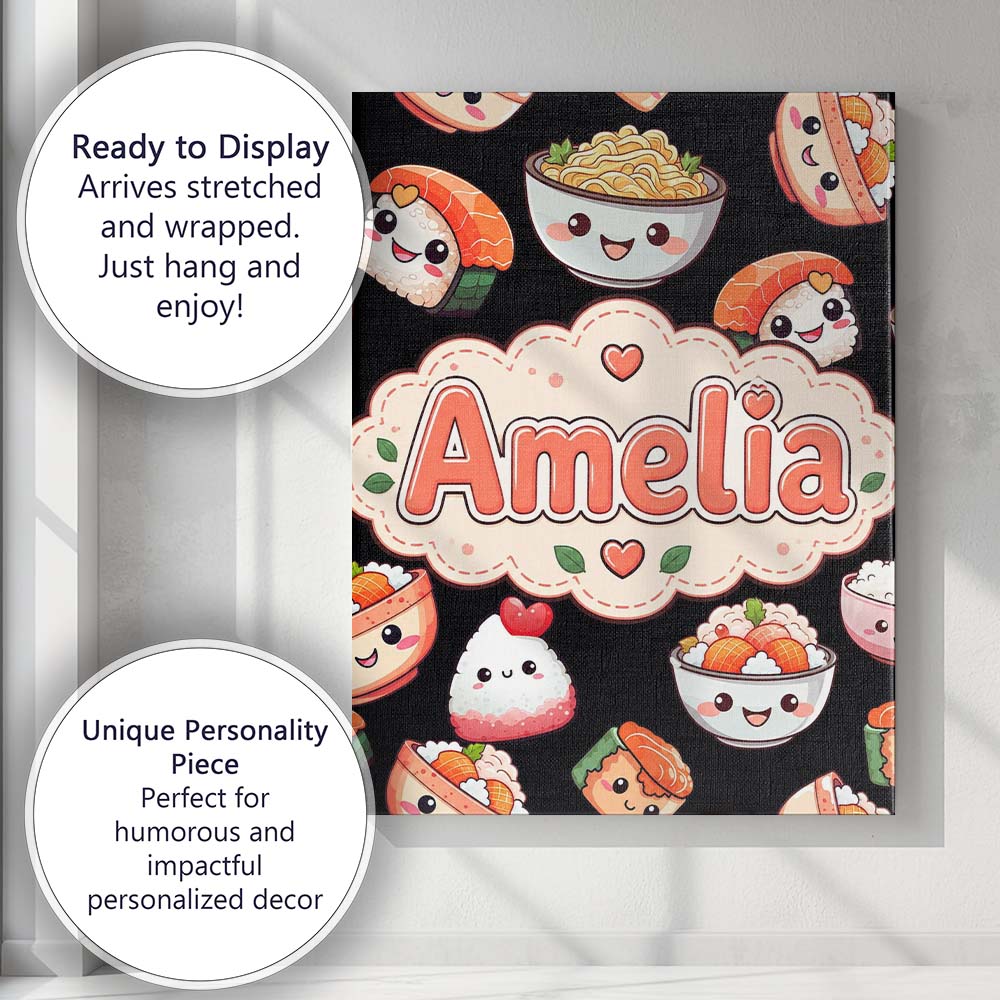 Personalised Name Cute Kawaii Sushi Rice Custom  Unique Gift Idea Elegant Feature Canvas Wall Art Print Decor Picture Ready to Hang