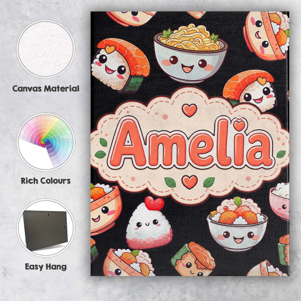 Personalised Name Cute Kawaii Sushi Rice Custom  Unique Gift Idea Elegant Feature Canvas Wall Art Print Decor Picture Ready to Hang