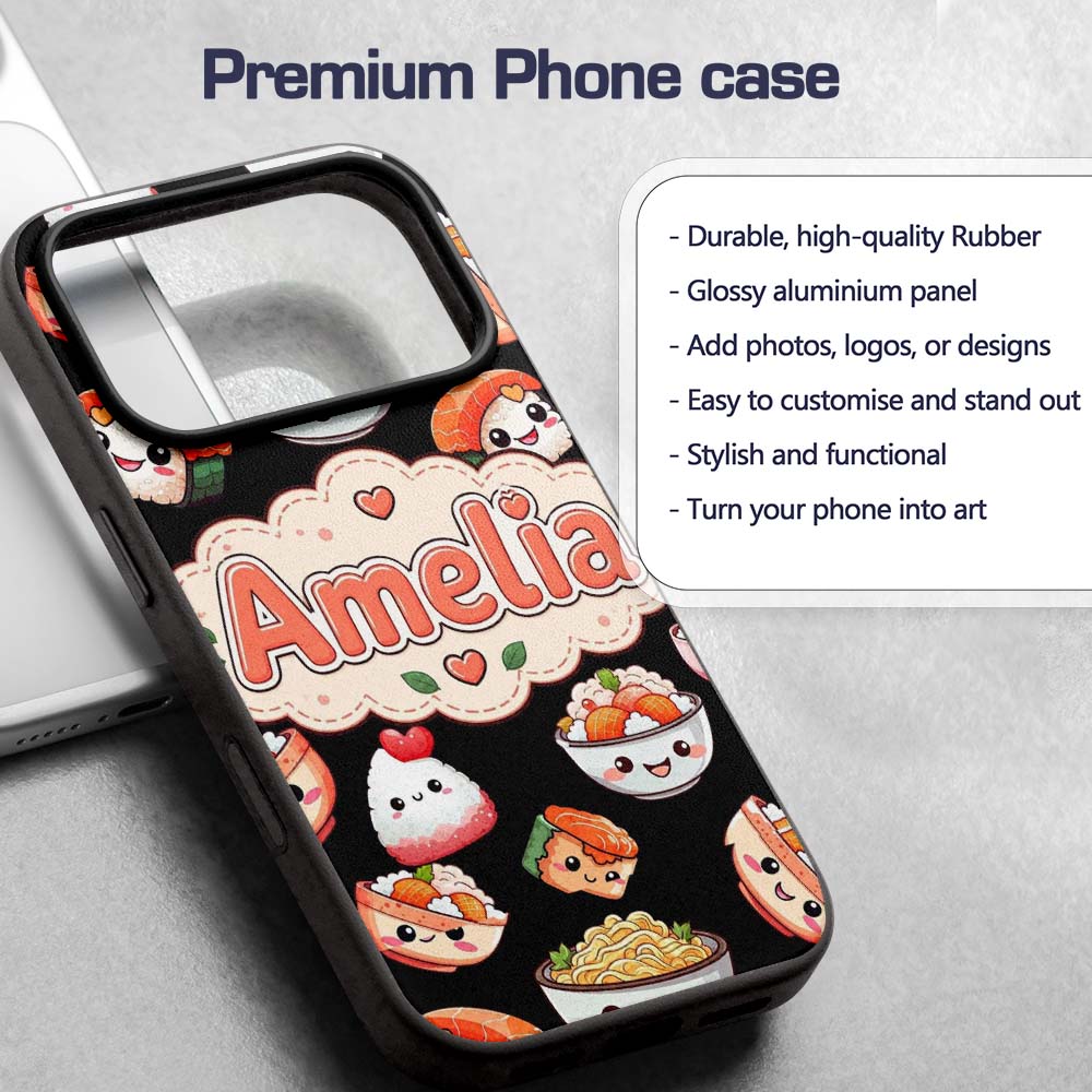Cute Kawaii Sushi Rice Bowls and Noodles on Black Custom Name Protective Phone Case Mobile Cover Durable Everyday Smartphone Shock Resistant