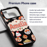 Cute Kawaii Sushi Rice Bowls and Noodles on Black Custom Name Protective Phone Case Mobile Cover Durable Everyday Smartphone Shock Resistant