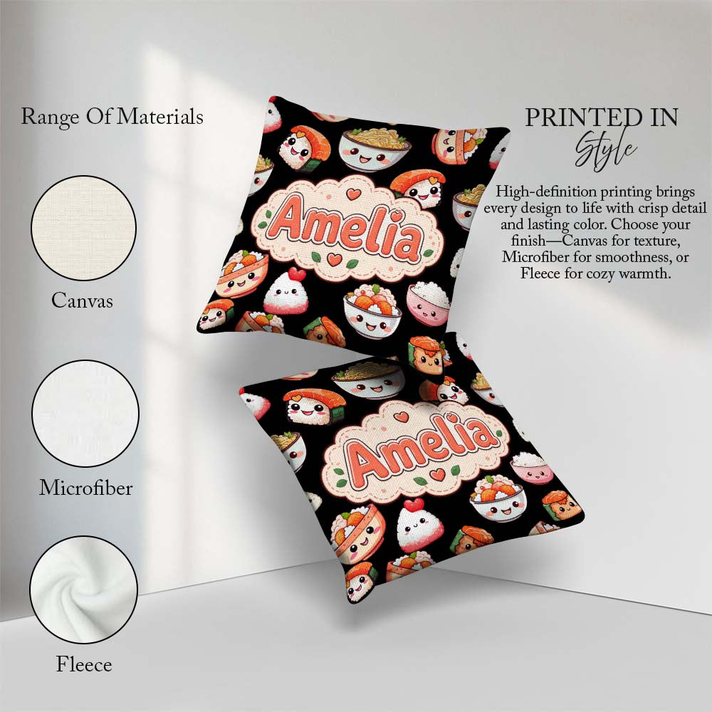 Custom Name Cute Kawaii Sushi Rice Bowls and on Black Background Square Filled Cushion Throw Pillow Sofa Bed Home Decor Zip Washable UK Made