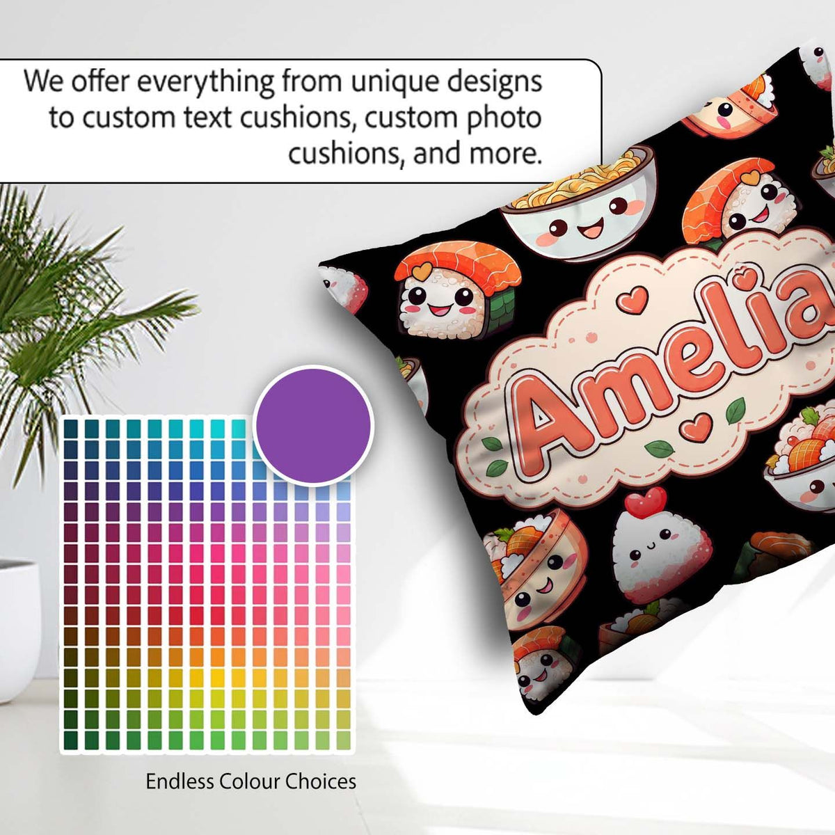 Custom Name Cute Kawaii Sushi Rice Bowls and on Black Background Square Filled Cushion Throw Pillow Sofa Bed Home Decor Zip Washable UK Made