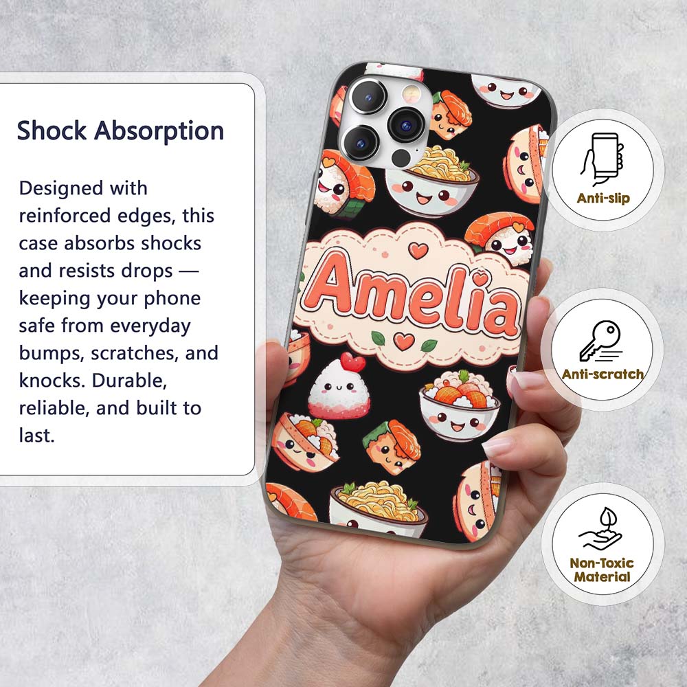 Cute Kawaii Sushi Rice Bowls and Noodles on Black Custom Name Protective Phone Case Mobile Cover Durable Everyday Smartphone Shock Resistant